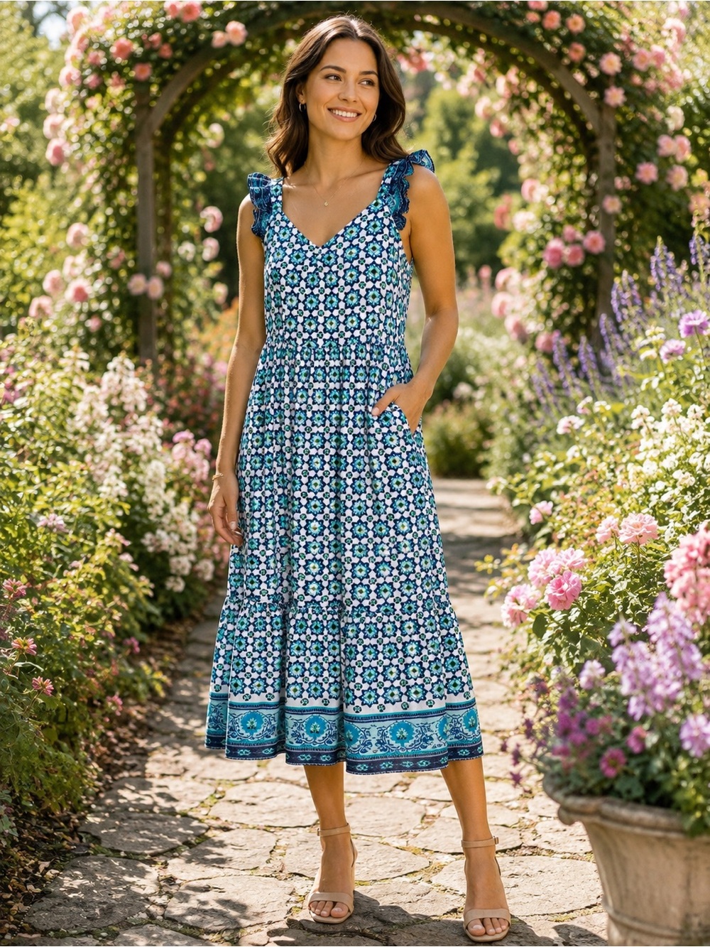 Haute Hippie Blue and Teal Floral-Print Maxi Dress